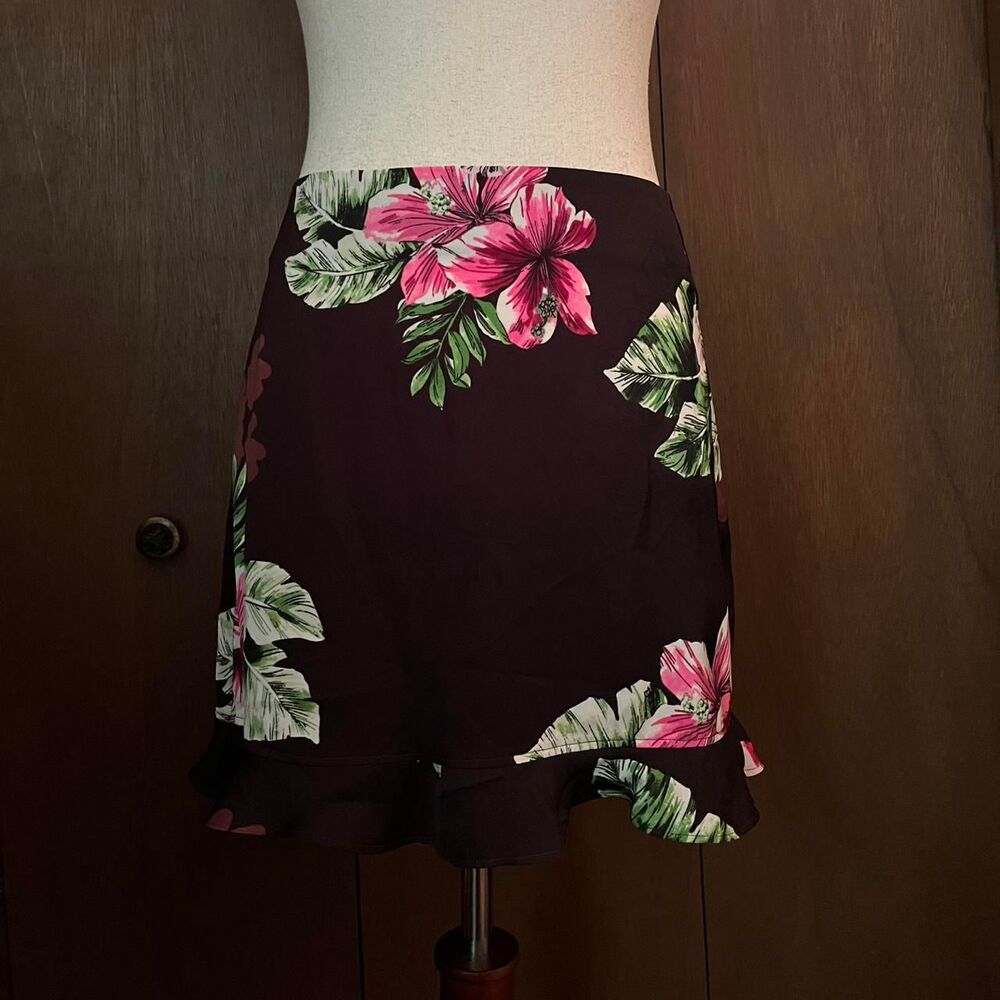 Express Pink Tropical Floral Brown Skirt